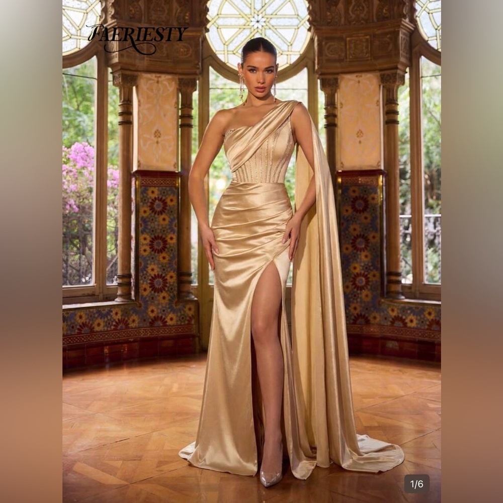 Elegant Gold Draped Evening Gown with Long Train